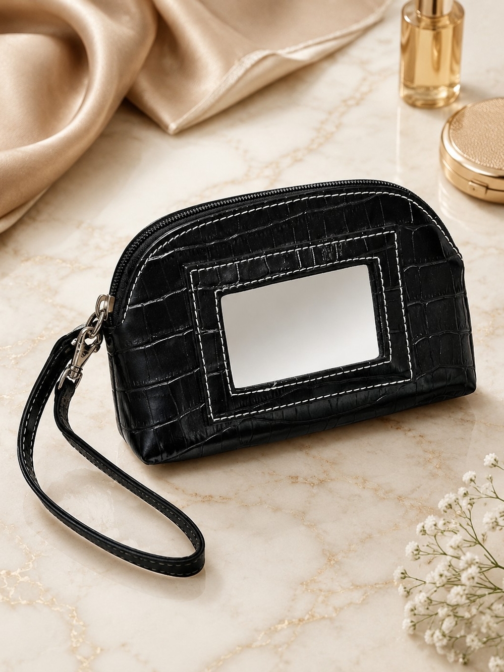 Black Croc-Textured Wristlet Cosmetic Bag with Mirror